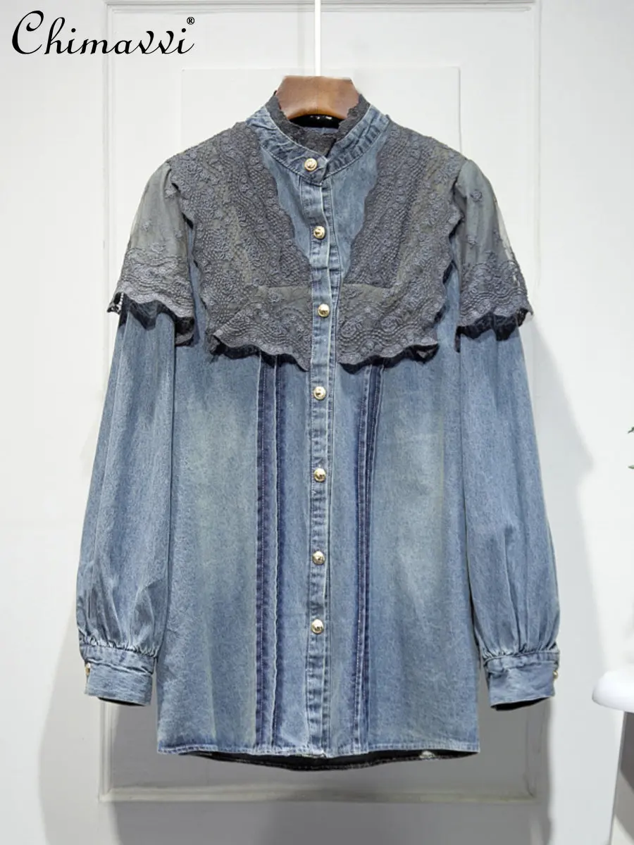 2023 Spring New Temperament Stand Collar Stitching Lace Women Denim Shirt Korean Fashion Design Loose Long Sleeve Blouse
