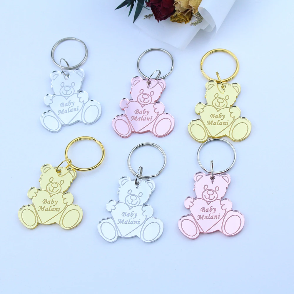 5pcs Personalized Cute Teddy Bear Keychain Tag Baby Shower Engraved Baby Name Custom Princess Birthday Party Decoration Favors