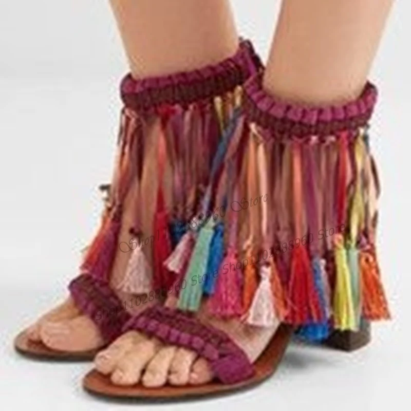 

Mixed Color Bohemiam Style Fringe Decor Sandals Chunky High Heel Women Shoes Back Zipper Open Toe 2023 Sexy Zapatos Para Mujere