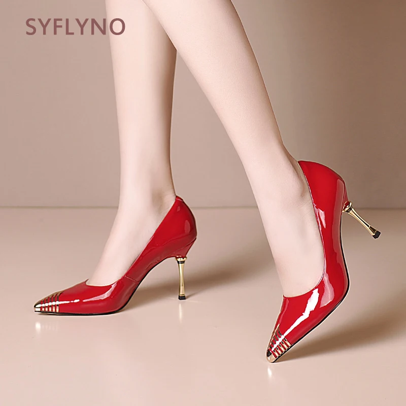 

Spring And Summer New Women's Shoes Pointed Toe Stilettos Metal Anti-kick Electroplating Heel Fashion Patent Leather Shoes Women