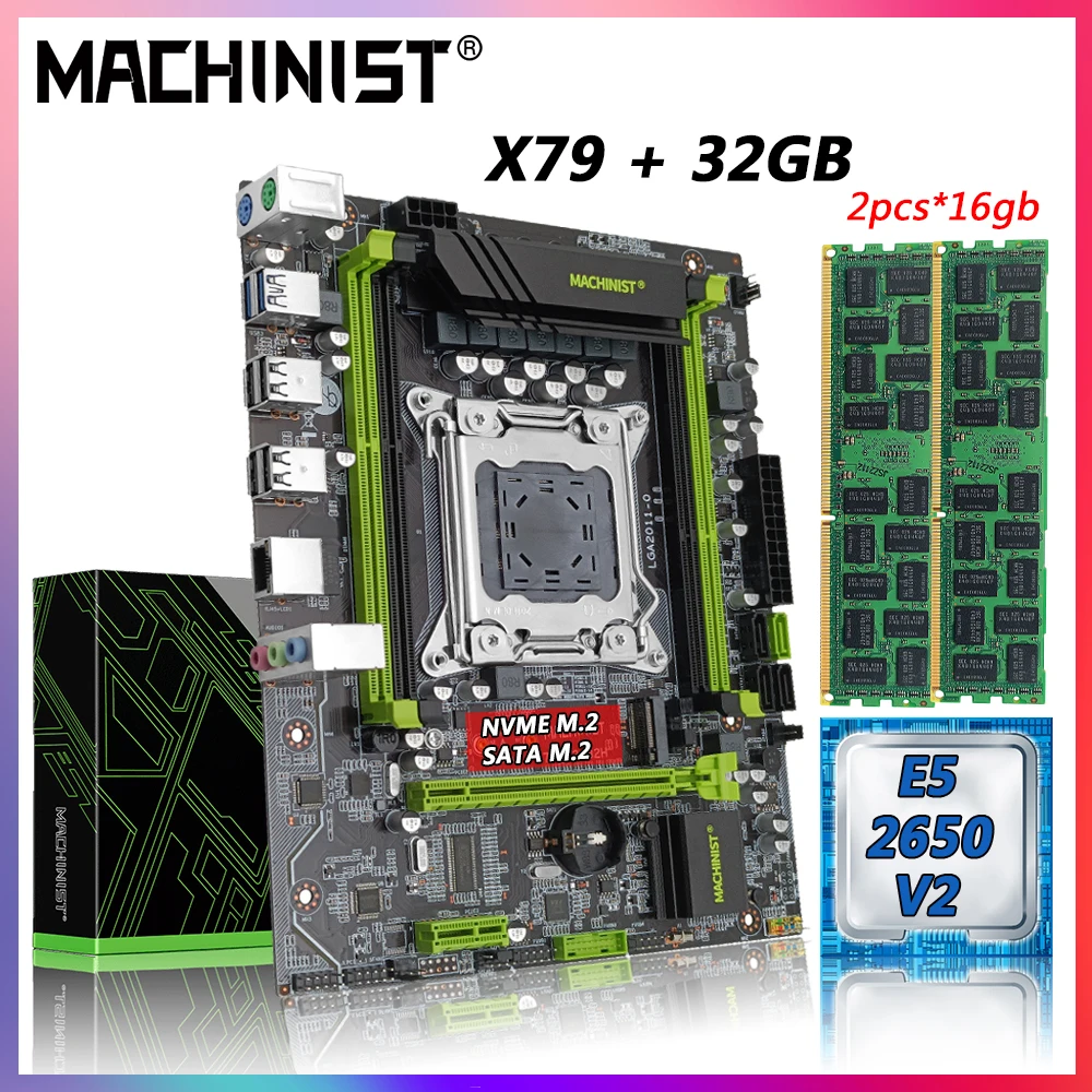 Комбинированный комплект материнской платы Machinsit X79 LGA 2011 Xeon E5 2650 V2 ЦП 2 шт. * 16 ГБ = 32