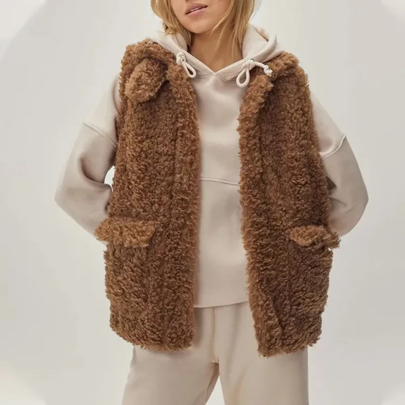 

Mandylandy Women Autumn Winter Cashmere Lamb Woolen Vest Coat Fashion Vintage Plush Fleece Lapel Collar Waistcoat Pocket Jacket