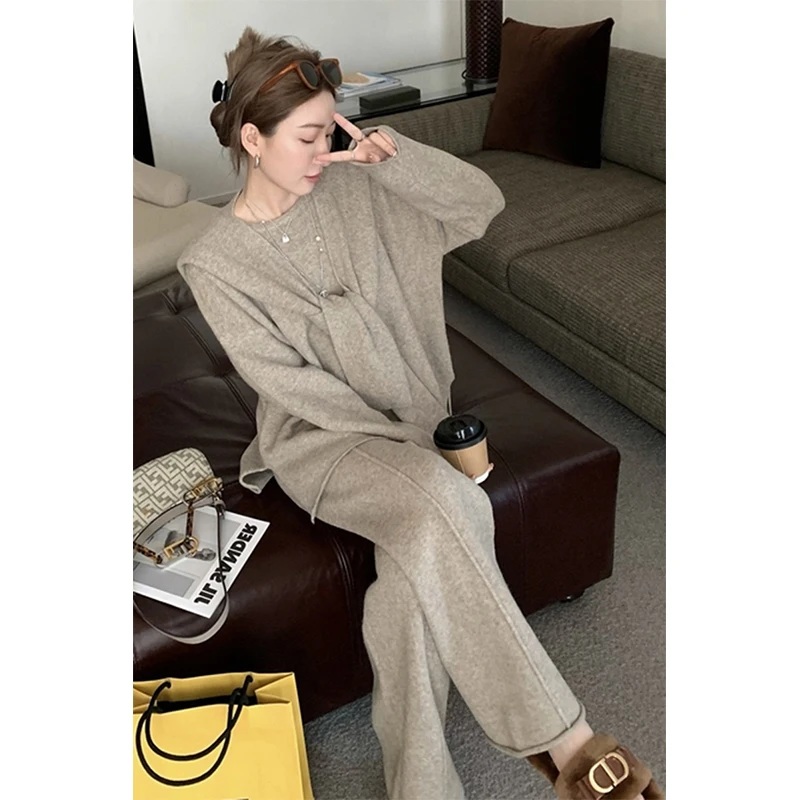 

Женский осенне-зимний свитер, спортивный костюм из двух предметов, женский модный вязаный свитер, повседневный свободный брючный костюм, однотонная трикотажная одежда LY10