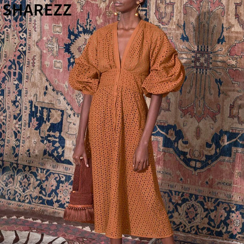 

2022 Spring New V-neck Single Breasted Lantern Sleeve Hollowed Out Embroidery Medium And Long Women's Summer Beach Dress Elegant