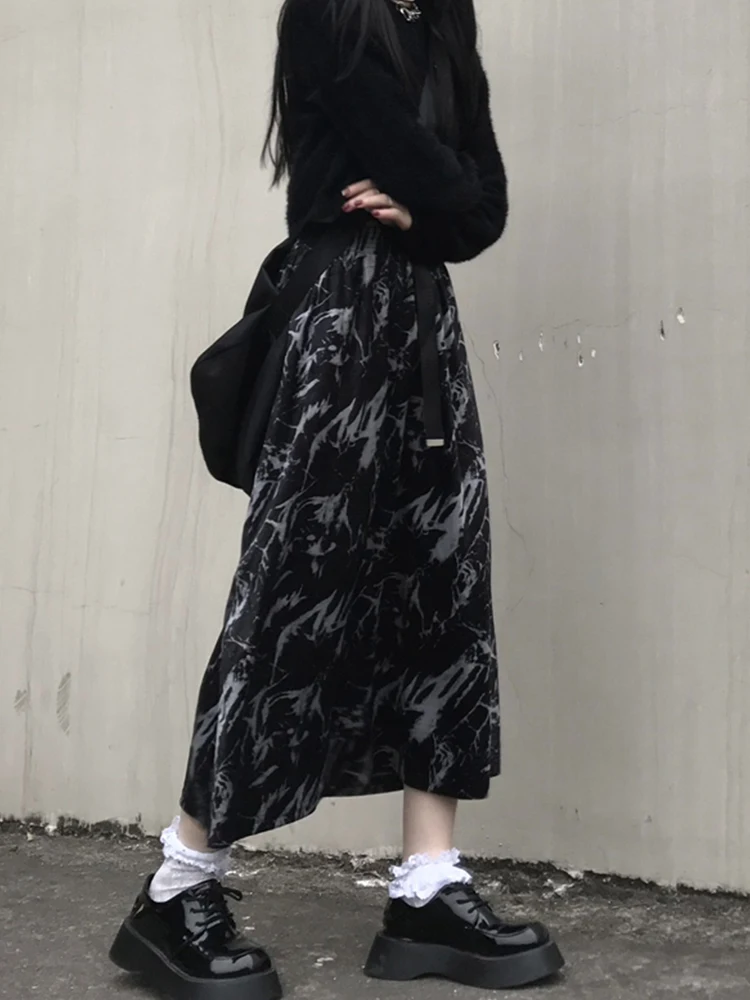 

Gothic Punk Print Split Skirt Women 2022 Harajuku New Summer Fall Korean Bottoms Streetwear A-Line Long Skirts PartyWear