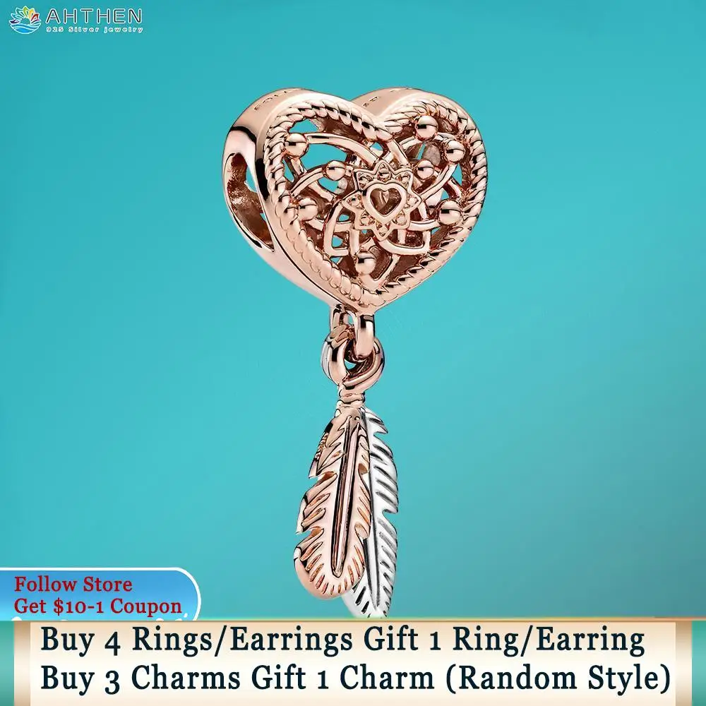 

Ahthen 925 Sterling Silver Bead Openwork Heart & Two Feathers Dreamcatcher Charm fit Original Pandora Bracelets Women Girl Gift