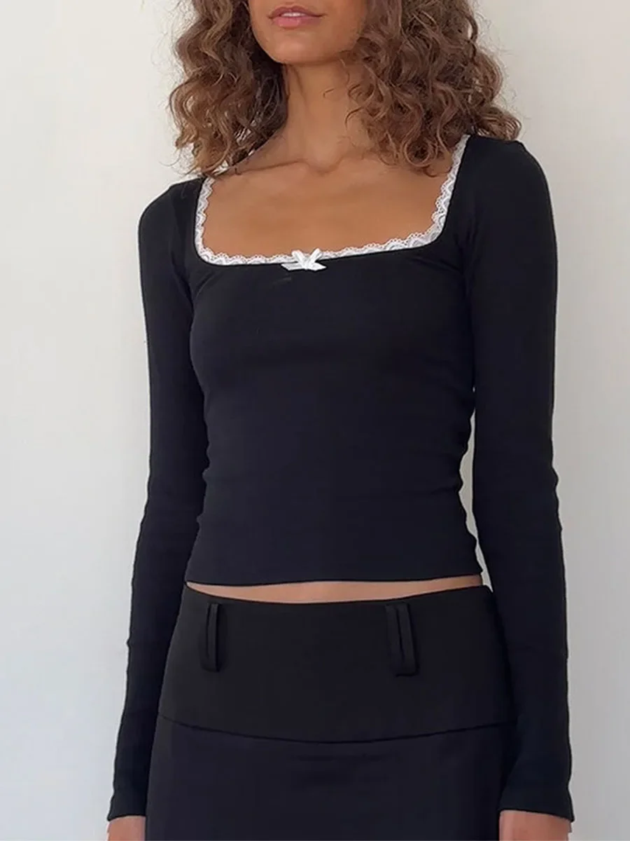 Осень 2024 укороченный топ с бантом Y2k женские футболки длинным рукавом и