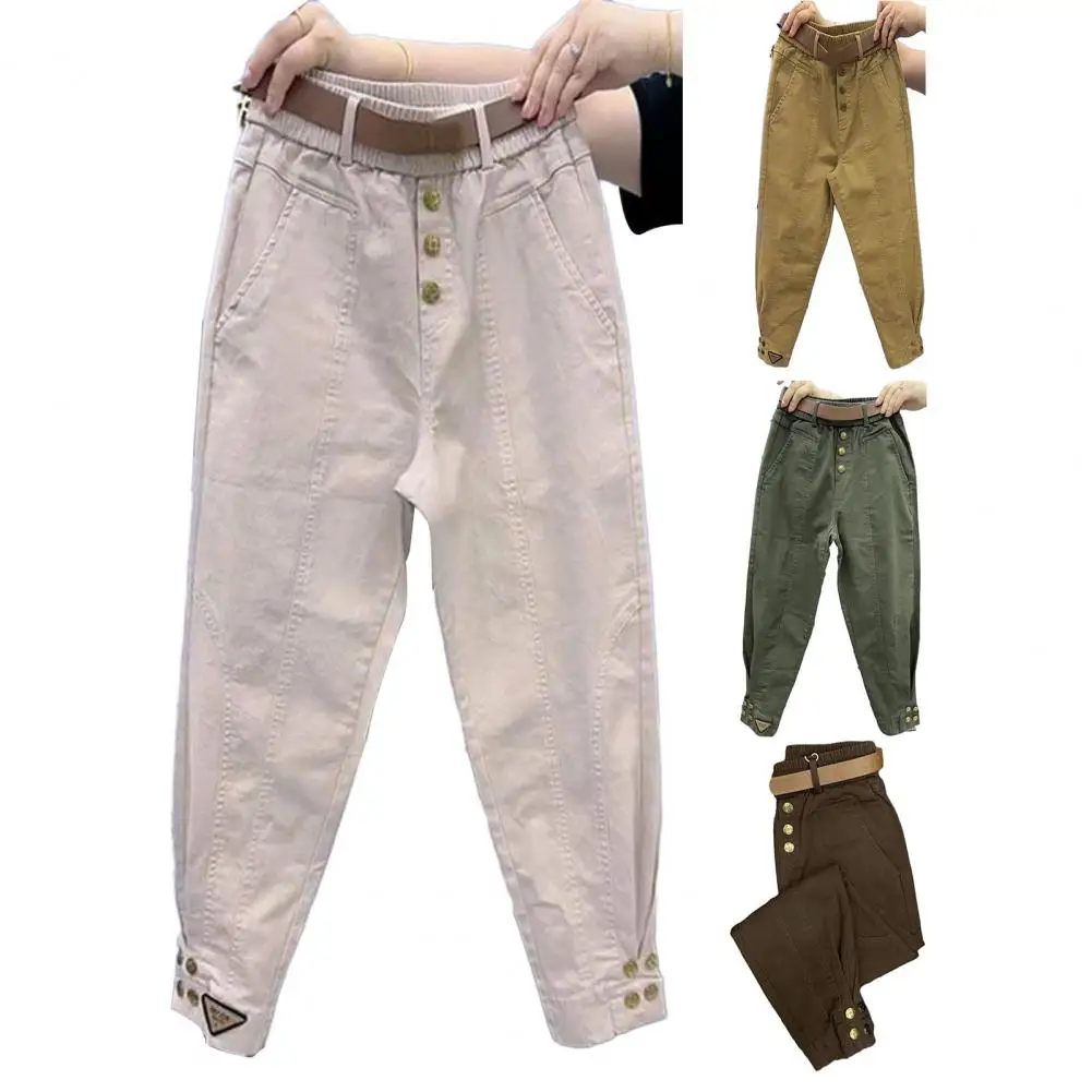 

Solid Color Trousers Thick Warm Women's Harem Pants Elastic Waistband Belt Pockets Cargo Trousers Solid Color Women Pants