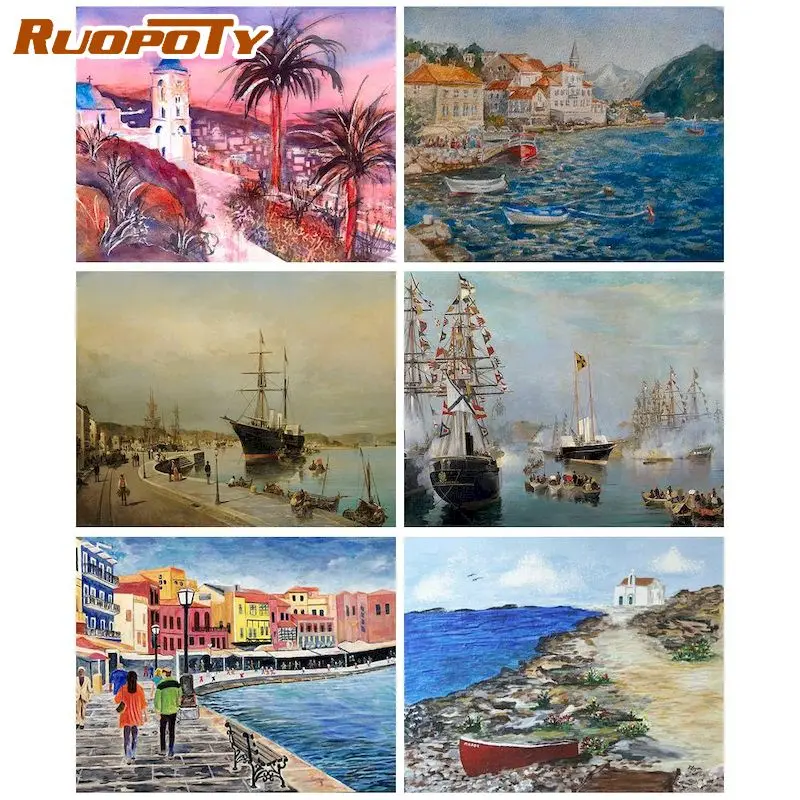 

RUOPOTY DIY Painting By Numbers Seaside Scenery Handmade Painting By Number Painting Living Room Decor