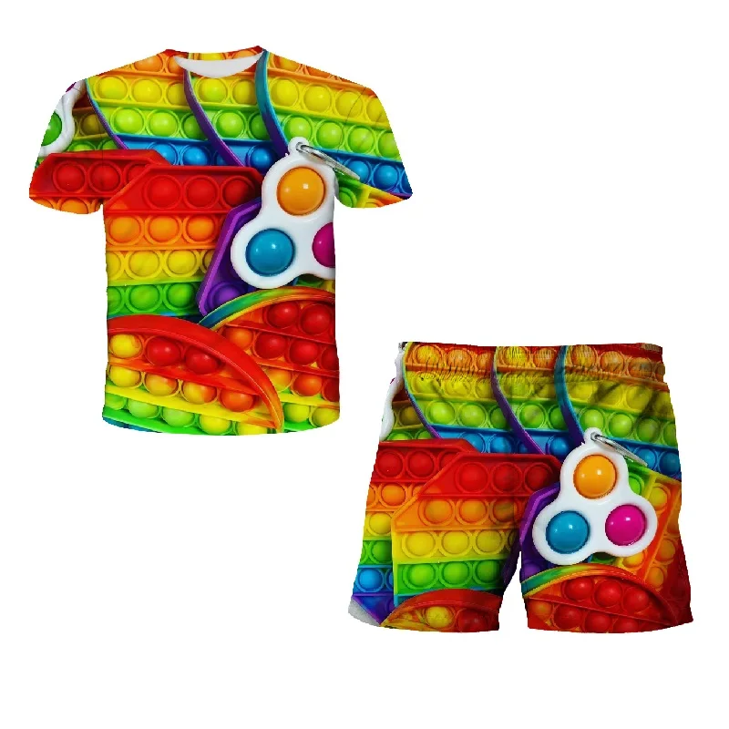 

2022 New Shiatsu Toy Rainbow Circle Colorful Circle Boys Clothes Sets Boy Summer T Shirt Short Pants Set Clothing Kids 4-14 Year