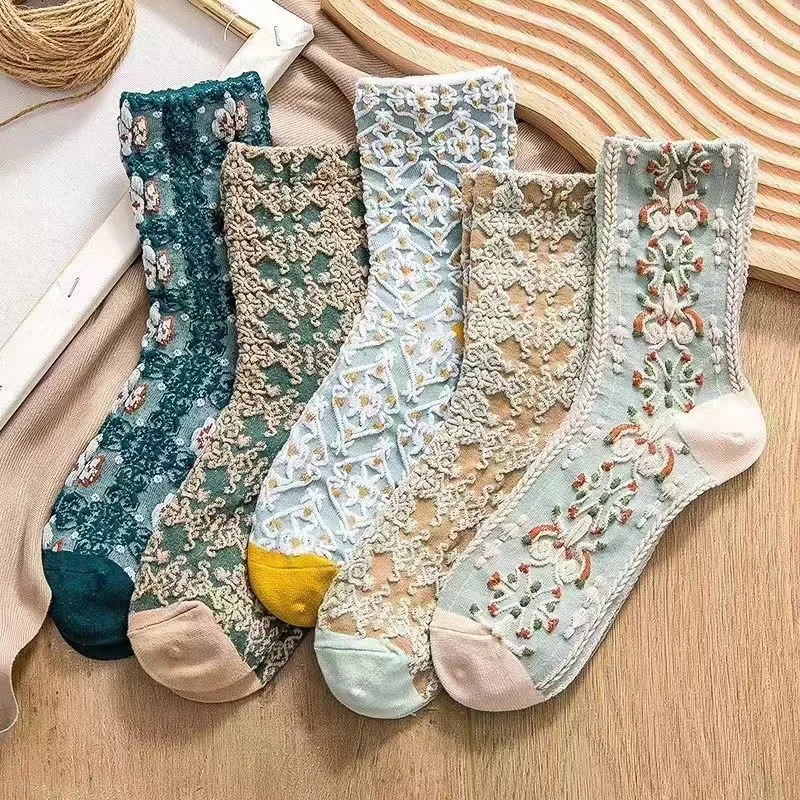 

Dreamlikelin Spring Autumn Women Socks Cotton 3D Knitting Flowers Embossed Printed Japanese Fashion Lolita Middle Tube Socks