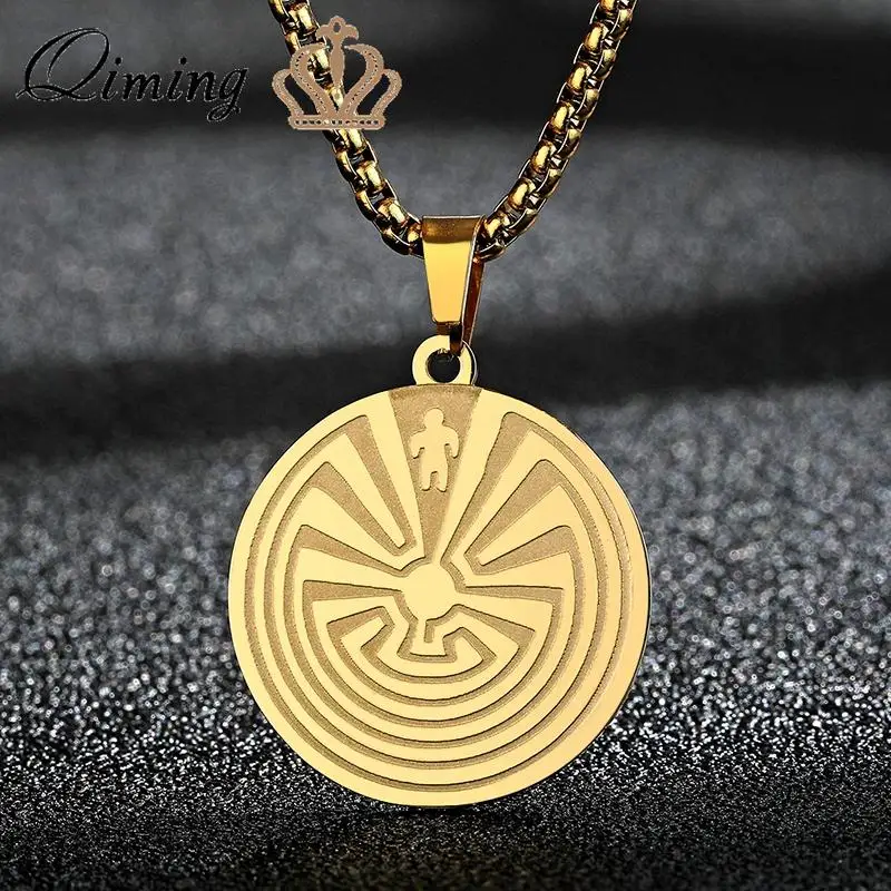 

QIMING Gold Color Labyrinth Pendant Necklace For Men Women Stainless Steel Maze Jewelry Amulet Necklace Gift