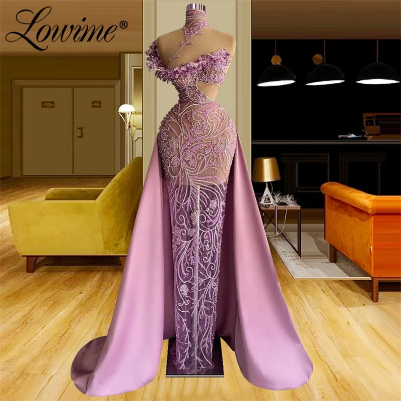 

Lowime See Through Beads Long Evening Dresses 2022 Mermaid Party Dress For Weddings Couture Celebrity Prom Gowns Robes De Soiree