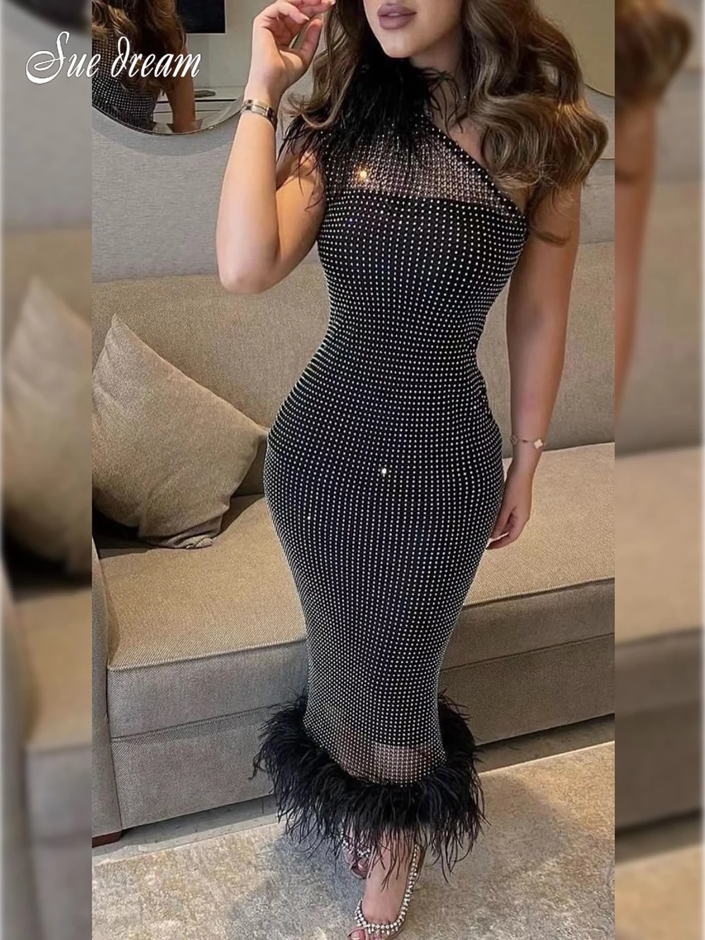 Fashion Sexy Feather Patchwork One Shoulder Mesh Dress Women 2023 See-through Bodycon Bandage Party Night Club Dresses