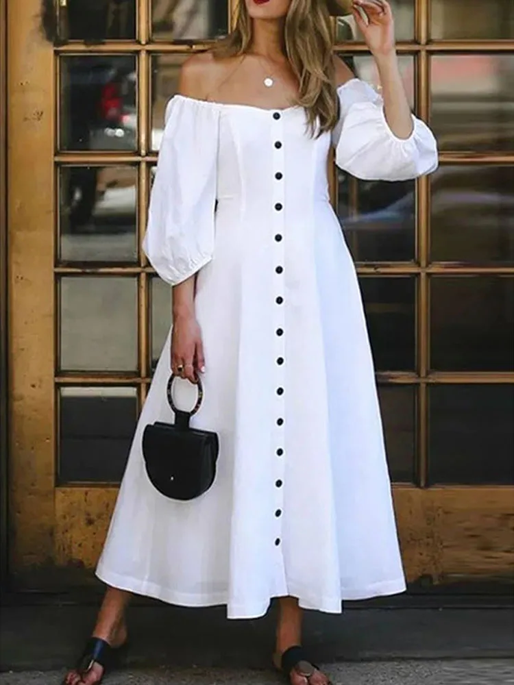

New Spring Single Breasted Button Party Dress Women Elegant Slash Neck Backless Long Dress Summer Solid Loose Casual Beach Dress