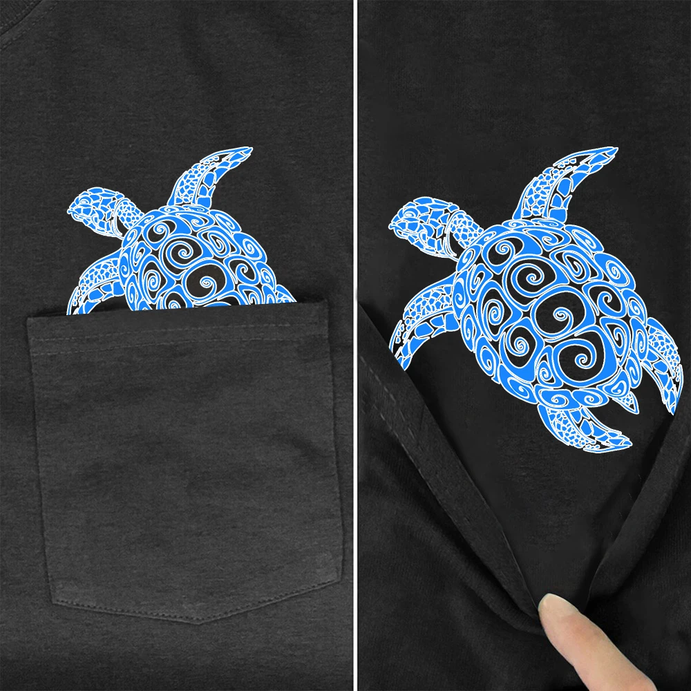 

CLOOCL 100% Cotton Women T-shirts Fashion Polynesia Blue Turtle Tattoo Printed Pocket Tees O-neck Graphic Tee Woman Tshirts