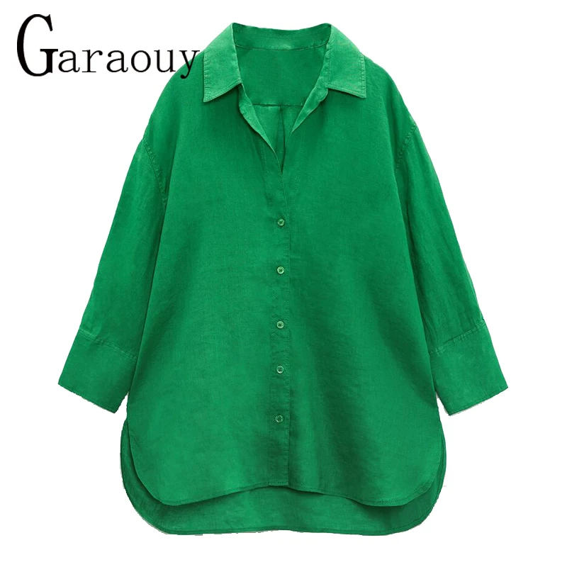 

Garaouy 2022 New Spring Autumn Green Side Slit Long Sleeve V Neck Loose Shirt Women's Commute Fashion Blouse Tops Female Blusas