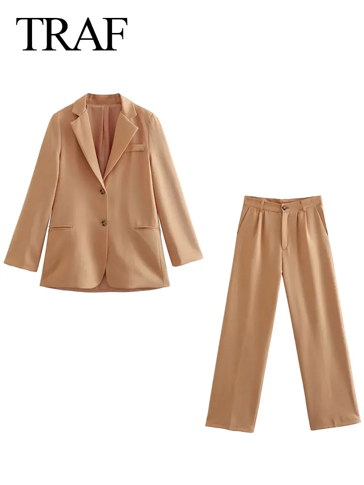 

TRAF Women's Blazer 2 Piece Solid Khaki Single-breasted Pocket Long-sleeved Coat + Straight Commuter Office All-match Pants
