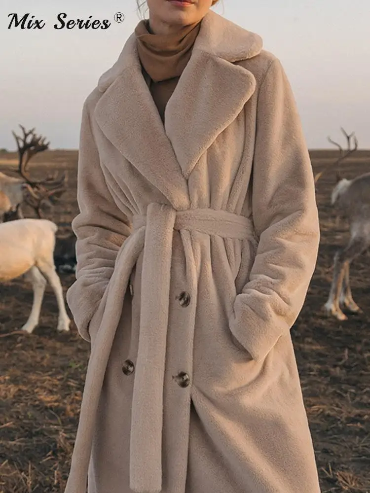 

Женское пальто из искусственного кроличьего меха, свободная верхняя одежда с отложным воротником и длинным рукавом, модные топы на завязка...