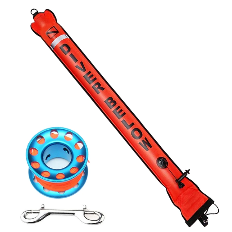 

NEW-180X15cm SMB Surface Marker Buoy With 100Ft Finger Spool Reel Diver Below Signal Flag Tube Scuba Diving Equipment