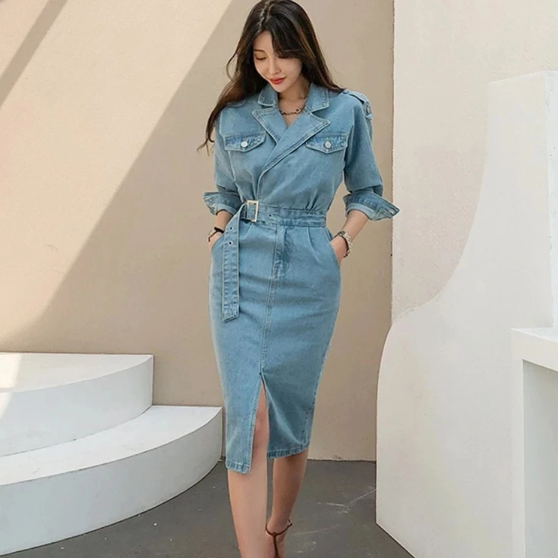 

Autumn Elegant Full Sleeve Split Women Denim Party Dress Notched Collar Slim Waist Belted Female Bodycon Pencil Dress Vestidos