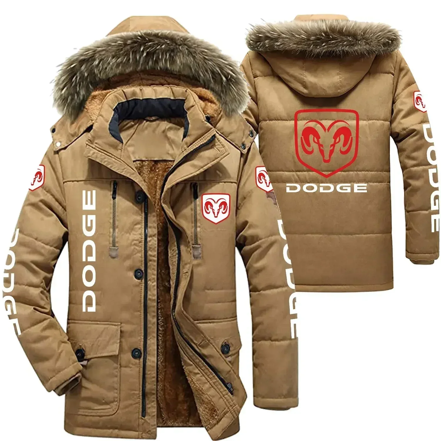 DODGE Logo Men's Winter Cotton Jackets Hooded Parkas Lamb Fur Lining Plush Men Cold Thickening Fashion Motorcycle Jacket