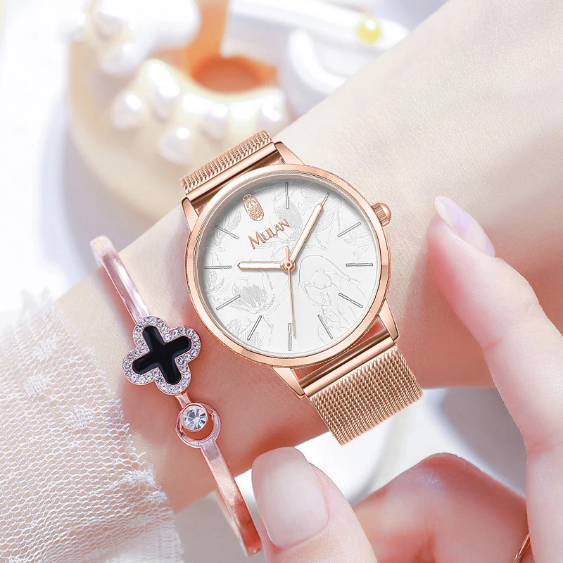 Brave Princess Women Stainless Steel Bracelet Watch Rose Gold Lady Fashion Casual Wristwatch Girl Leather Clock Female Top Gift