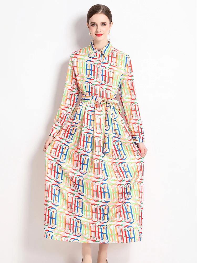 

Женское винтажное платье макси, осеннее платье с длинным рукавом, отложным воротником, поясом и принтом букв, ТРАПЕЦИЕВИДНОЕ ПЛАТЬЕ С Поясом