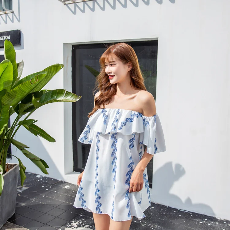 

3729 Maldives Holiday Beach skirt Bohemian white one-line neck Ruffle backless dress