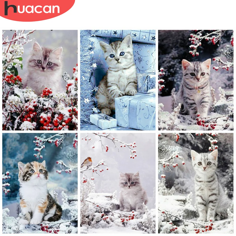 

HUACAN Diamond Painting Animal Cat Full Square Round Embroidery Mosaic Winter Snow Handicraft Hobbies Home Decor
