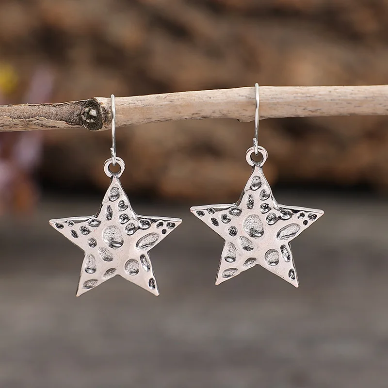 

Fashion Silver Color Metal Carving Pentagram Earrings Personality Geometric Modeling Dangle Earrings
