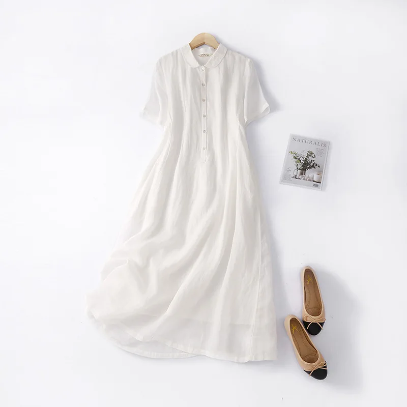 

Women Summer Dress2022 New Luxury Party Dress Sexy Linen Cotton Thin White Lapel Short Sleeve Temperament Literary Mini Dresses