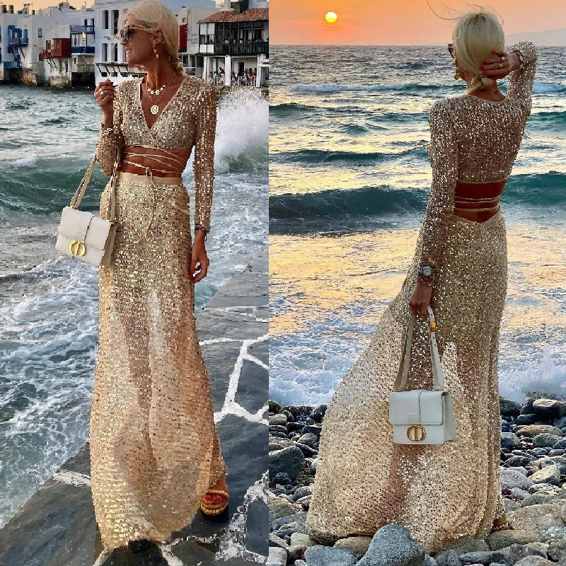 

2022 Autumn New Tiktok Sexy Gauze Sequin Holiday Two-piece Top Skirt, Business Party Birthday Evening Dress Elegant Women's Wear