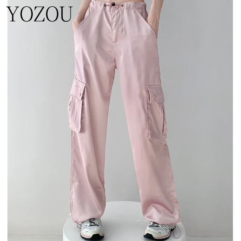 [YOZOU] Роскошные шелковые однотонные объемные брюки-карго для женщин черные
