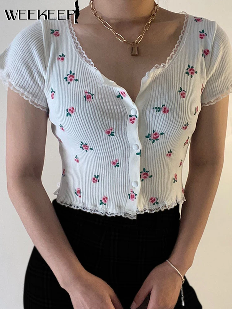 

Weekeep/вязаный укороченный топ с цветочным рисунком; Милая Кружевная футболка с короткими рукавами в стиле пэчворк; Y2k; Kawaii; Повседневная женск...