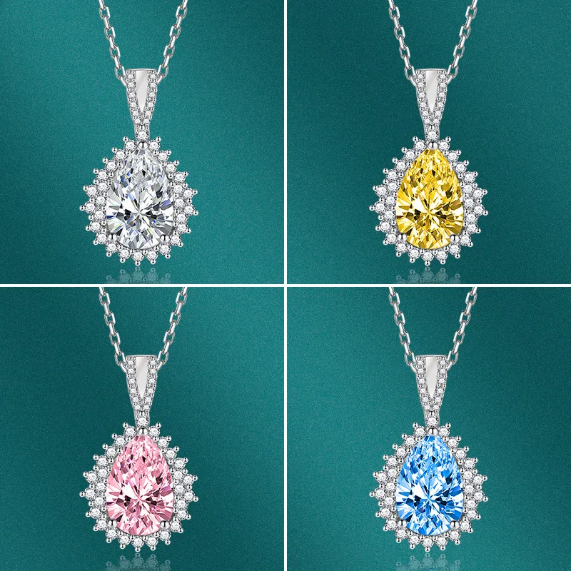 Colorful Diamond Water Drop Shiny Pendant Full Diamond Zircon Clavicle Chain Temperament Luxury Bride Wedding Jewelry Wholesale