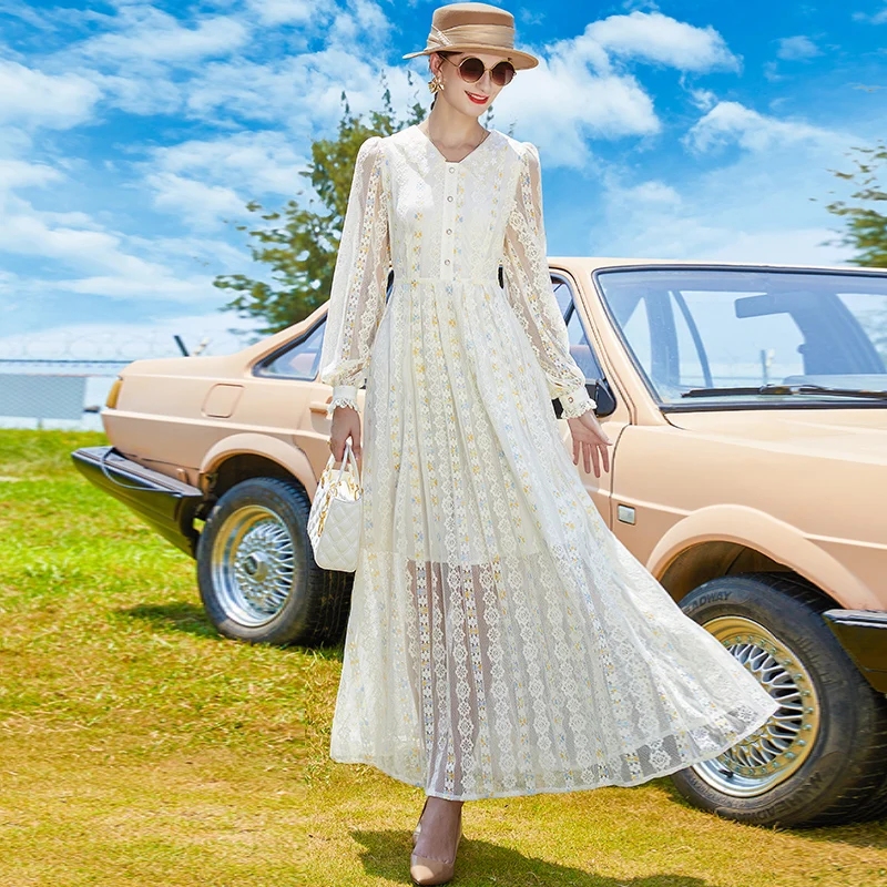 

Office Lady Lace Dress V-neck Voile Long Dress Women Patchwork Design Slim Fit Dress Party Evening Dress for Girls Birthday