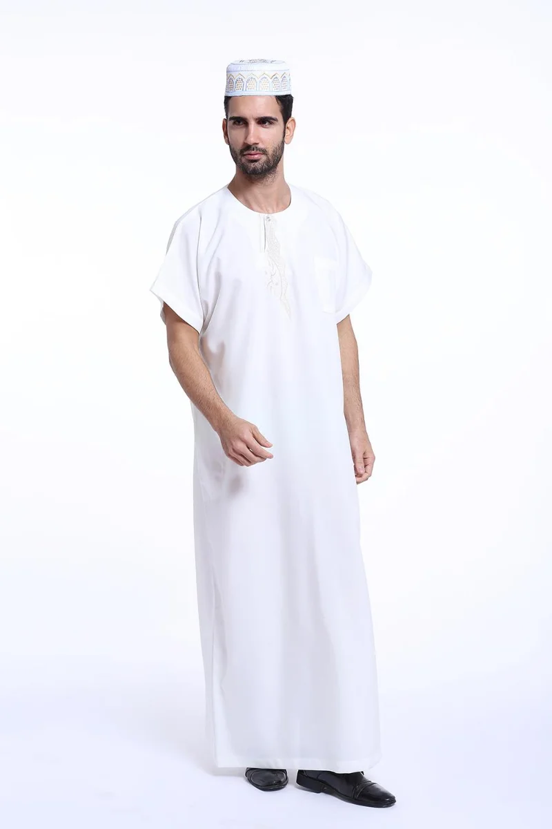Men Thobe Abaya Robe Muslim Islamic Daffah Dishdasha Arab Kaftan Saudi Style Jubba Thobe Ramadan Thawb Summer Short Sleeve Gown