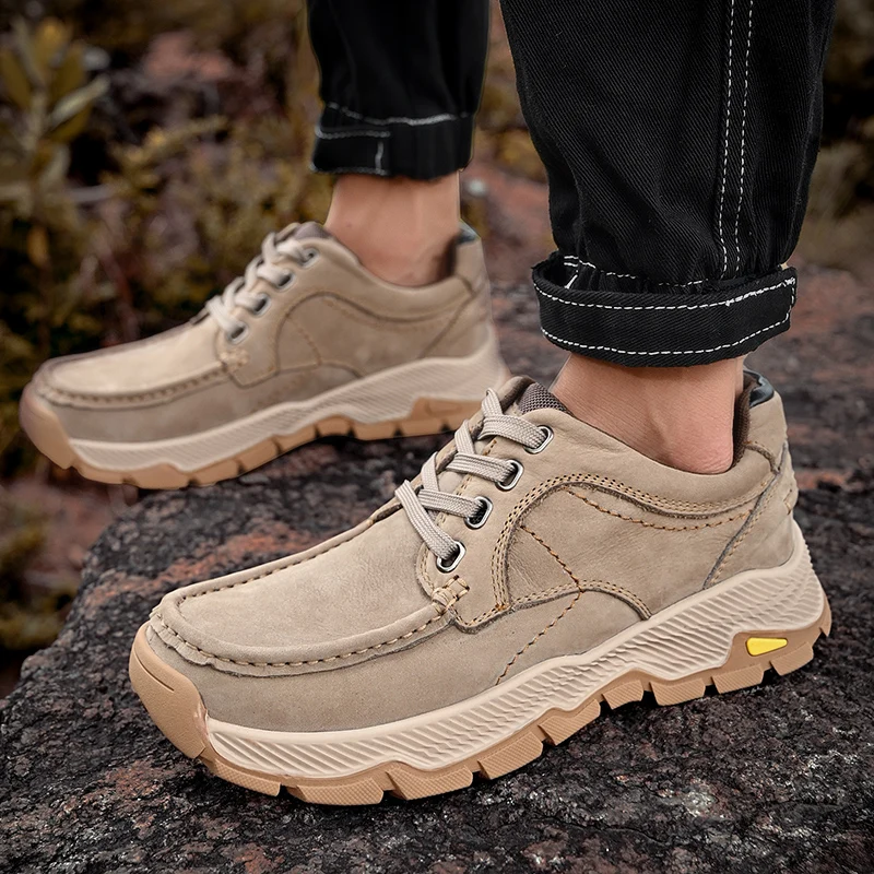 

Мужские уличные туфли из натуральной кожи, повседневные лоферы, высокий слой воловьей кожи, на толстой подошве, износостойкие, для походов