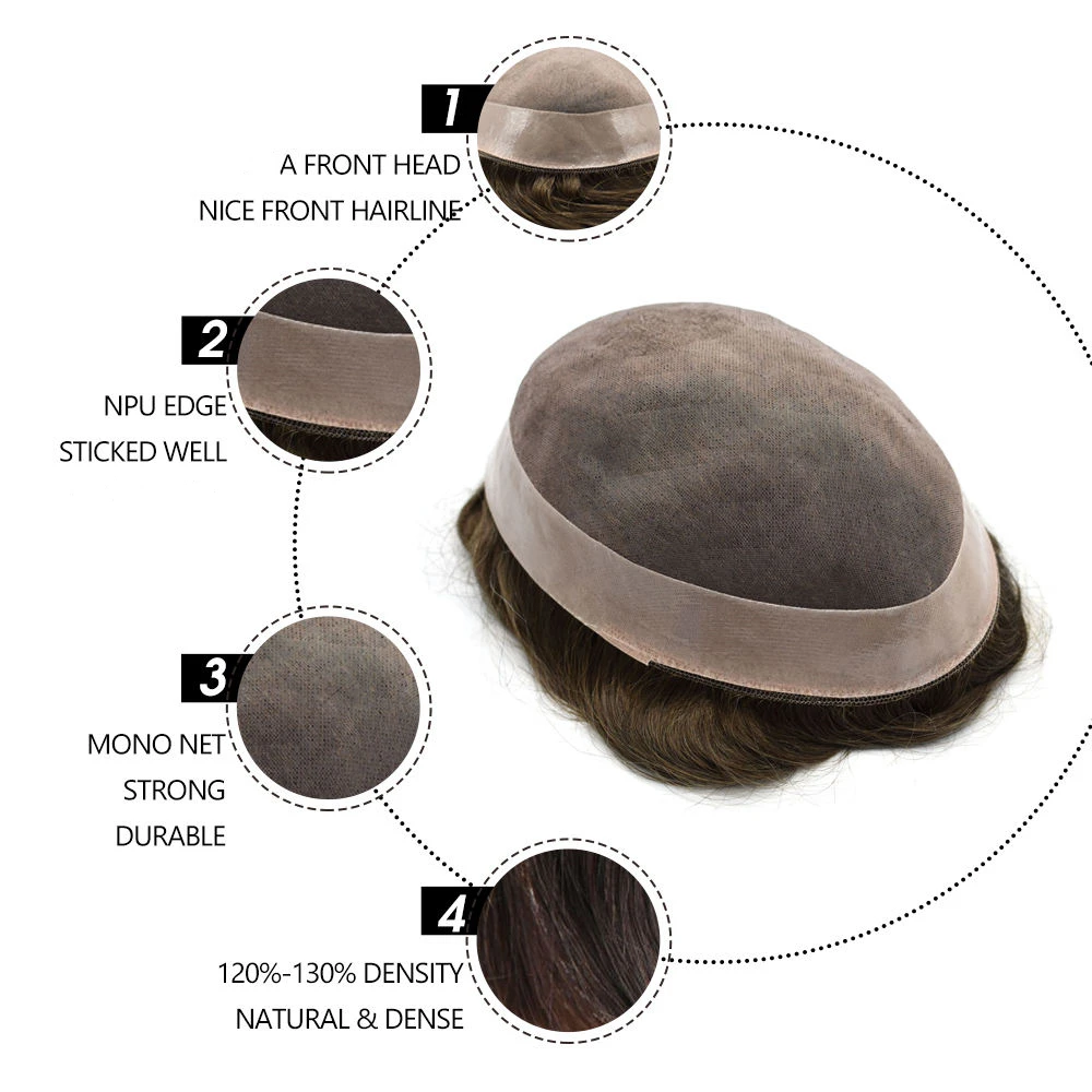 Men Wig Human Hair Toupee Fine Mono Male Wig 130% Density Durable Hair Prosthesis Toupee Men 6
