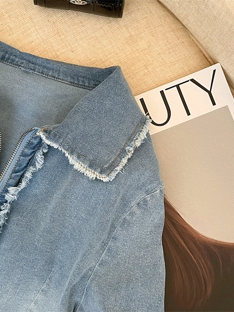 Женская синяя джинсовая куртка винтажная модная на молнии с длинными рукавами