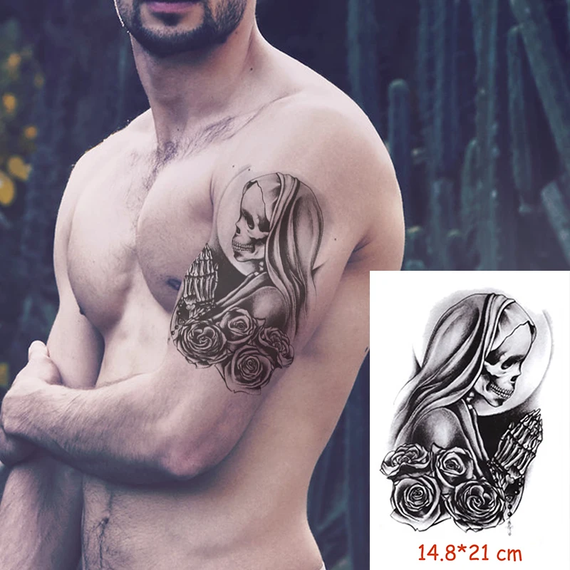

Waterproof Temporary Tattoo Sticker Holloween skull girl rose flower flash tatoo fake tattoos flash tatto Women / Men 14.8*21 cm