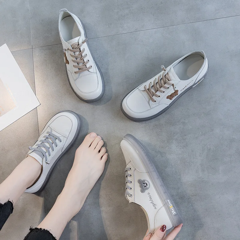 Women Flat Shoes  Sneakers Genuine Leather Lace Solid Color Non-slip Breathable  Casual