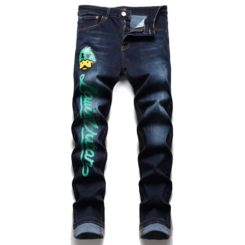 

New Am-ri trendy high men's jeans letter printing trend elastic slim fit Leggings versatile jeans vintage camping jeans