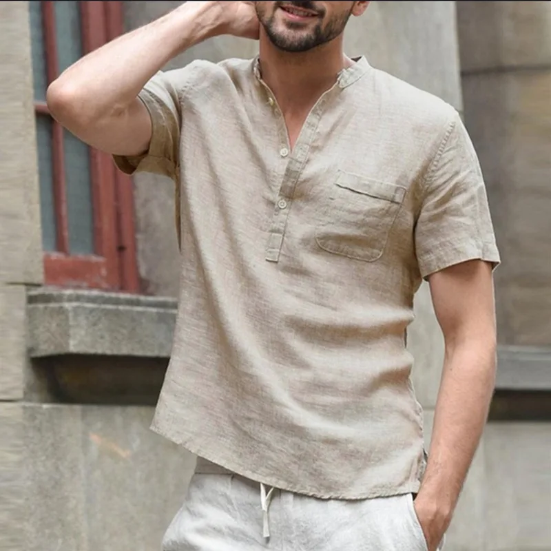 Summer Men's Short Sleeve T-shirt Cotton and Linen Casual Men's Shirt Male Breathable S-5XL