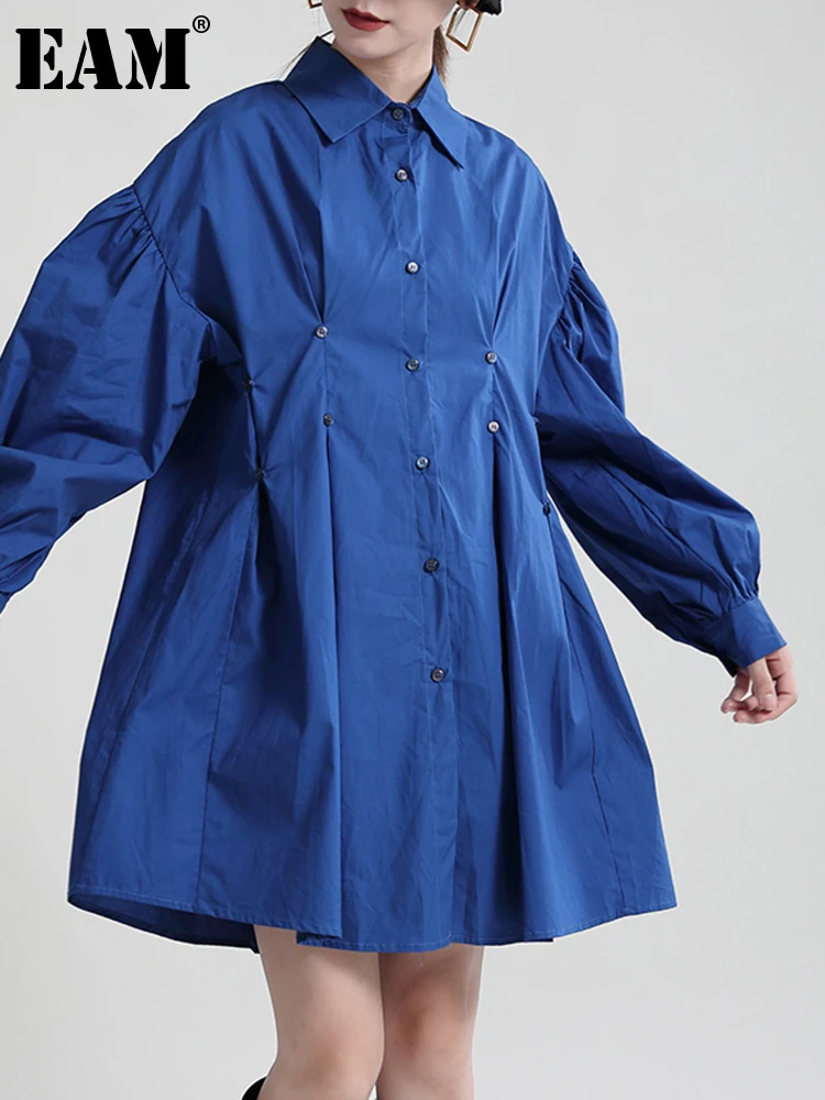 

Женское плиссированное платье EAM, синее платье-рубашка с длинными рукавами и отложным воротником, весна-осень 2022, 1DE3559