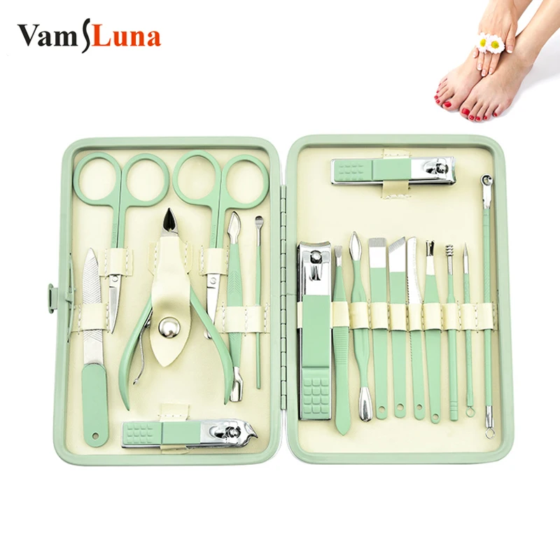 

18 Pieces of Nail Clippers Manicure Set Portable Matcha Pink Nail Clippers Pedicure Nail Clippers Ear Spoon Tools Home Set Box