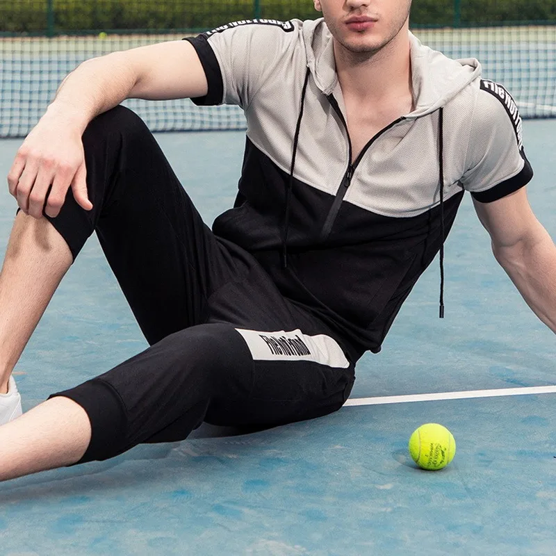

Men's Sports Suit Zipper Sportwear Set Printed Hooded Suits T-shirt Hooded Cardigan Print 7-point Pants Casual Two-piece Suit
