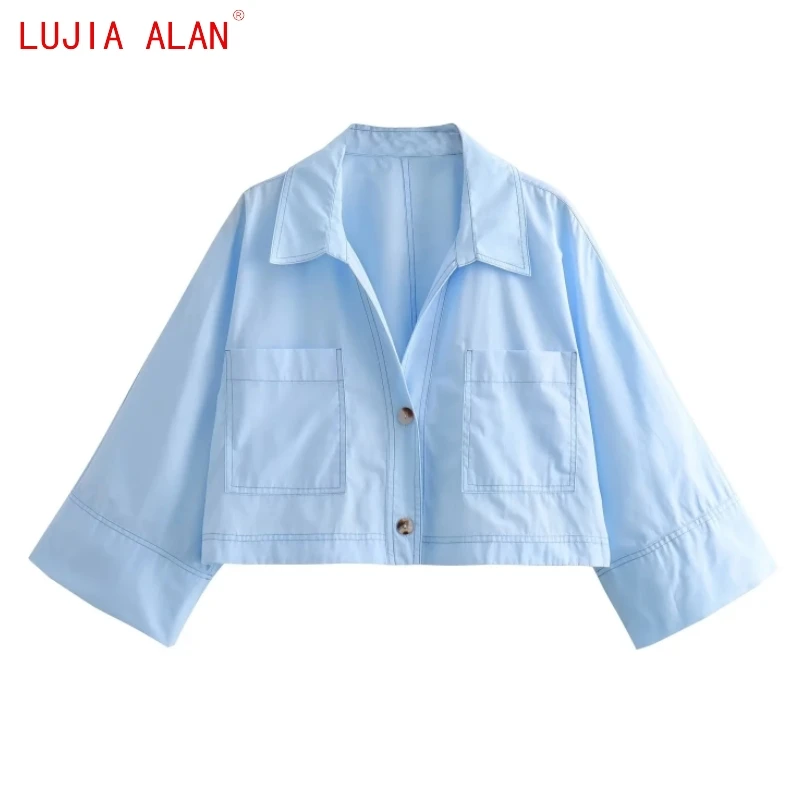 Осенняя Новая женская короткая блузка с накладными карманами, женская рубашка с рукавом реглан, повседневные свободные кроп-топы, LUJIA ALAN B2359