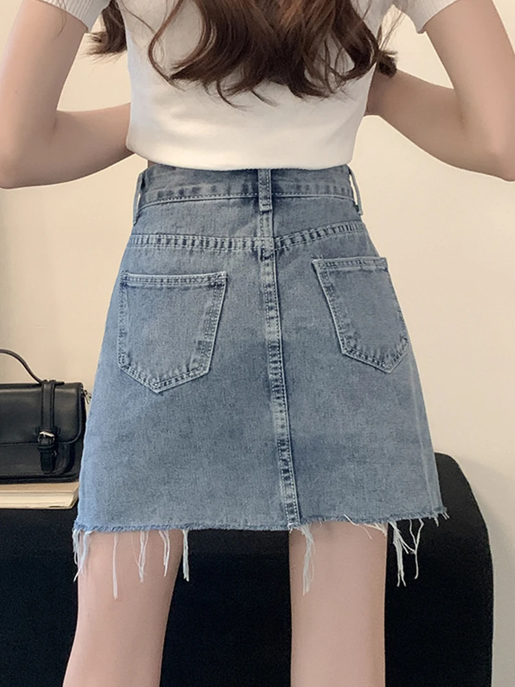 New Summer Women Streetwear High Waist Frayed Raw Hem Short Denim Skirt Vintage Female Loose Blue Jeans Skirts Bottoms